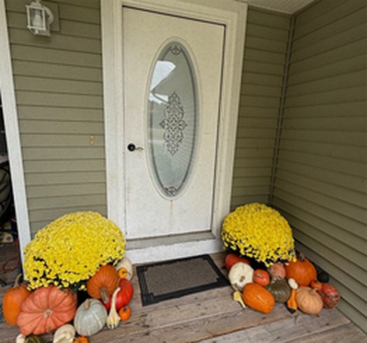 Porch decorated with yellow mums, pumpkins and gourds