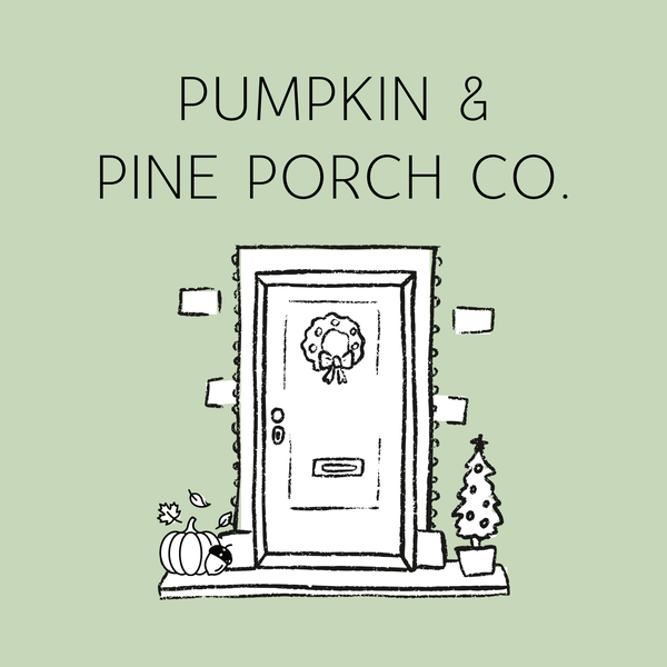Pumpkin & Pine Porch Co. logo: a front door with a wreath, pumpkin, acorn and small Christmas tree